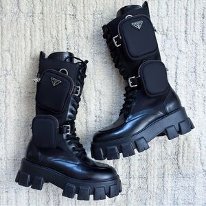 PRADA Platform Monolith  Leather and Nylon Boots 39.5